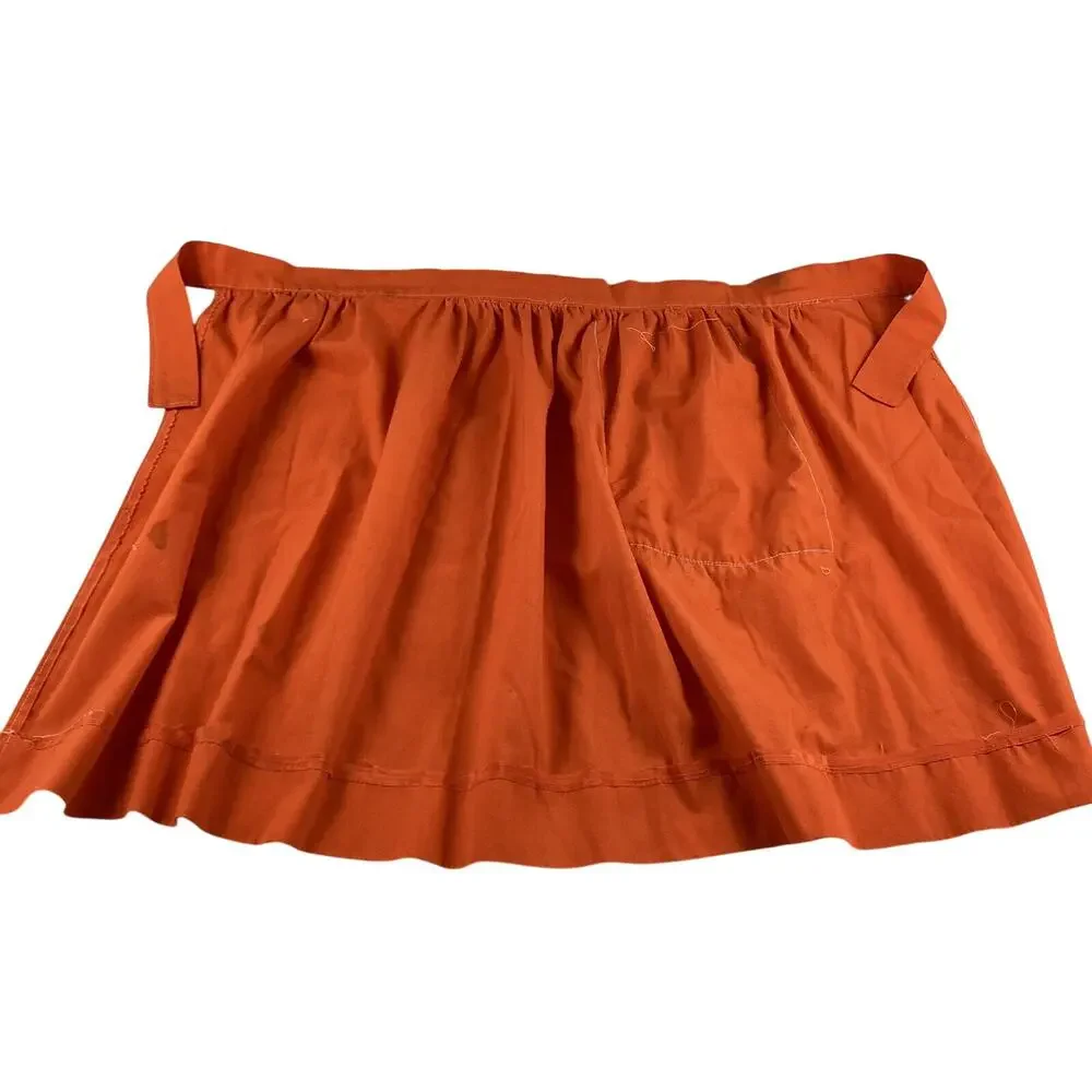 Retro Orange Kitchen Apron Handmade Floral Pocket Short Waist Tie Vintage